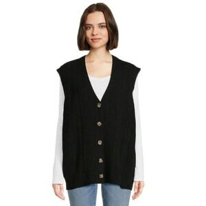 Dreamers by debut Cable Knit Sweater Vest V-Neck Button Front Black Sz S 2232